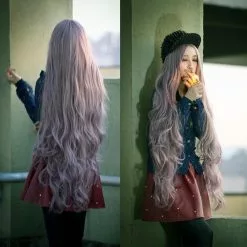 Cosplay&ware 100cm Women’s Lady Long Curly Wavy Hair Purple Wig Cosplay Full Wigs Halloween Costume Party Lolita