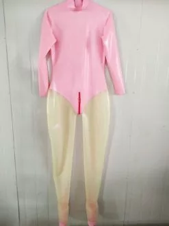 Cosplay&ware Latex Rubber Catsuit Exercise Tights Suit Pink And Transparent Bodysuit Size Xxs-xxl