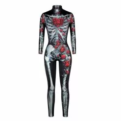 CLAINTEKS Women’s Halloween Costumes Terror Skeleton Cosplay Tights Jumpsuit Sexy 3d Print Skinny Long Sleeve Overall Romper Clothing