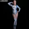 LOBUDEK 3d Printed Blue Rhinestone Bodysuit Elastic Long Sleeve Skinny Tights Bar Nightclub Female Singer Dancer Dj Pole Dancing Costume