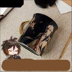 COSJK Genshin Impact Zhongli Xiao Tartaglia Ceramic Mug Cup Coffee Water Gold Stamping Men Women Spoon & Lid Fashion Gift