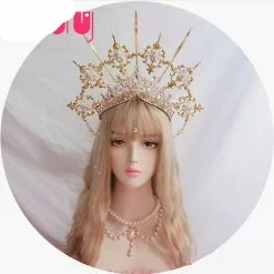 ITUY Lolita Vintage Kc Headband Angel Gold Halo Goddess Headpiece Virgin Mary Bride Crown Bead Chain Baroque Tiara Headwear