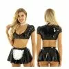 Iiniim Womens Ladies Wetlook Clubwear Cocktail Party Leather Latex French Maid Dress Cosplay Costumes Crop Top With Flared Mini Skirt