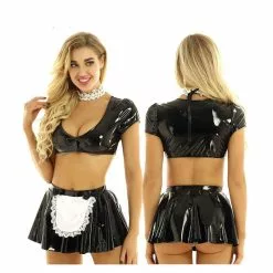 Iiniim Womens Ladies Wetlook Clubwear Cocktail Party Leather Latex French Maid Dress Cosplay Costumes Crop Top With Flared Mini Skirt