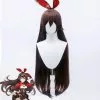 Hsiu Game Genshin Impact Cosplay Amber Wig Dark Brown Long Hair & Free Gift Brand Cap