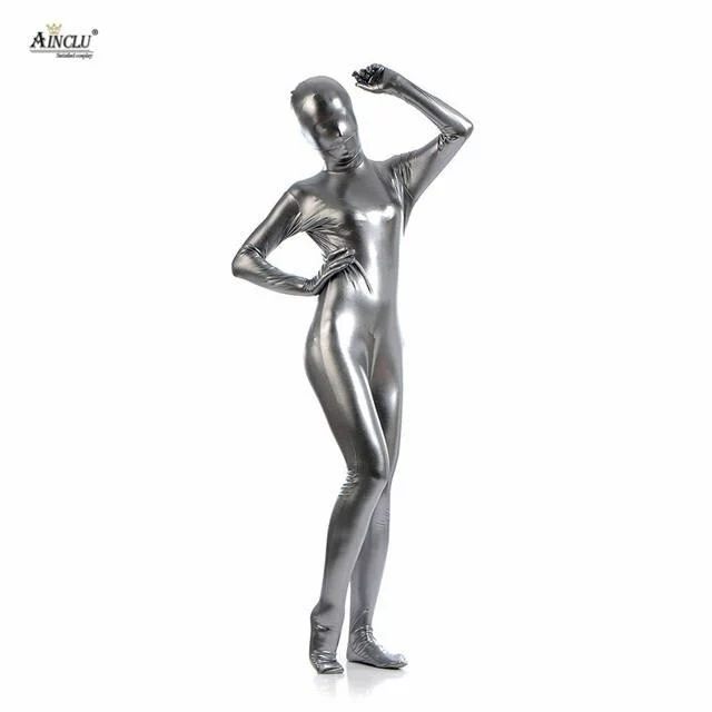 Cosplay&ware Ainclu Hot Selling Fullbody Silver Gray Glue Metallic Zentai For Hallween Shiny Spandex Long Sleeve Female Sexy Bodysuits 2 Cosplay&ware Ainclu Hot Selling Fullbody Silver Gray Glue Metallic Zentai For Hallween Shiny Spandex Long Sleeve Female Sexy Bodysuits - Image 2