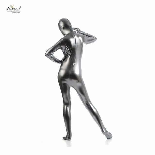 Cosplay&ware Ainclu Hot Selling Fullbody Silver Gray Glue Metallic Zentai For Hallween Shiny Spandex Long Sleeve Female Sexy Bodysuits 4 Cosplay&ware Ainclu Hot Selling Fullbody Silver Gray Glue Metallic Zentai For Hallween Shiny Spandex Long Sleeve Female Sexy Bodysuits - Image 4