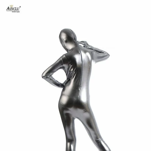 Cosplay&ware Ainclu Hot Selling Fullbody Silver Gray Glue Metallic Zentai For Hallween Shiny Spandex Long Sleeve Female Sexy Bodysuits 5 Cosplay&ware Ainclu Hot Selling Fullbody Silver Gray Glue Metallic Zentai For Hallween Shiny Spandex Long Sleeve Female Sexy Bodysuits - Image 5