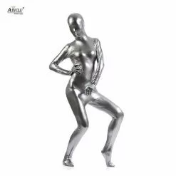 Cosplay&ware Ainclu Hot Selling Fullbody Silver Gray Glue Metallic Zentai For Hallween Shiny Spandex Long Sleeve Female Sexy Bodysuits