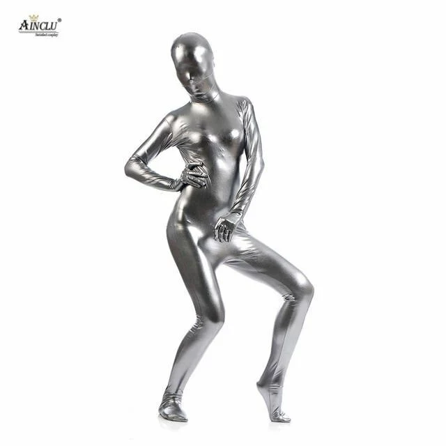 Cosplay&ware Ainclu Hot Selling Fullbody Silver Gray Glue Metallic Zentai For Hallween Shiny Spandex Long Sleeve Female Sexy Bodysuits 1 Cosplay&ware Ainclu Hot Selling Fullbody Silver Gray Glue Metallic Zentai For Hallween Shiny Spandex Long Sleeve Female Sexy Bodysuits