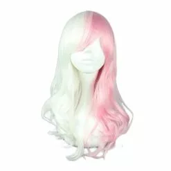 Alsocool Anime Danganronpa Monomi Women Long Curly Wig Cosplay Costume Dangan Ronpa White Pink Mix Synthetic Hair Halloween Party Wigs