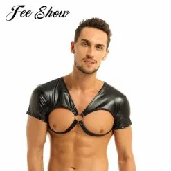 FEESHOW Black Faux Leather Harness Shoulder Bondage Belt Mens Half Tank Top Clubwear Male Stage Costume Crop Tops Chest Bdsm Men