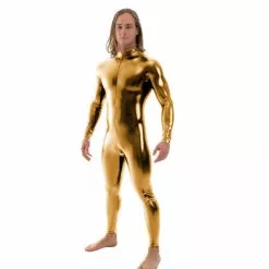 Ensnovo Men Latex Suit Black Shiny Metallic Tights Gold Zentai Full Body Unitard Custom Skin Bodysuit Zipper Front