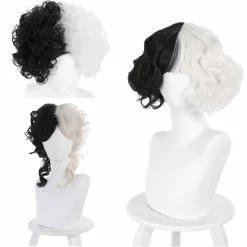 Cosplay&ware Evil Women Half Black White Wig Bad Girl Short Curly Hair Wigs Headwear Demon Cosplay Props 2 Types