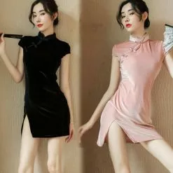 Cosplay&ware Fresh Girl Short-sleeved Sexy Underwear Spring And Summer Dress T Split Fashion Temperament Slim Cheongsam Skirt