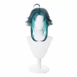 Ktip Up Game Genshin Impact Xiao Cosplay Wig Mixed Dark Green Blue Short Heat Resistant Synthetic Hair Adult Halloween Role Play Wigs