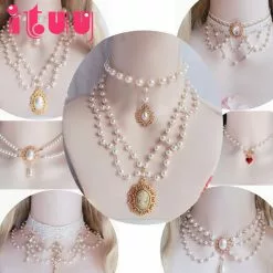 ITUY Gorgeous Vintage Rococo Style Wedding Lolita Princess Multilayer Pearl Lace Gem Necklace Collarbone Chain