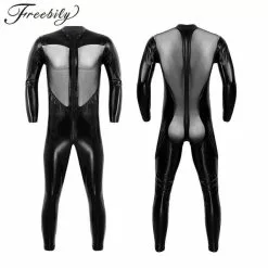 Cosplay&ware Halloween Black Unisex Sexy Metallic Shiny Zentai Catsuit Men Women Mesh Splice Full Bodysuit Cosplay Costume Latex Suit
