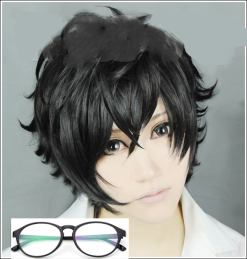 Cosplay&ware High P5 Persona 5 Kurusu Akira Joker Cosplay Wig Anti Wrinkle Curly Hair Wigs Glasses