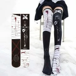 Luogen Lolita Student Girls Stockings Halloween Cross Velvet Long Stocking White Black Patchwork Overknee Tights Socks For Women