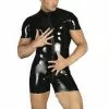 Cosplay&ware Men Sexy Faux Leather Latex Bodysuit Activewear Gay Male Elastic Catsuit Front Zipper Open Crotch Underwear Clubwear