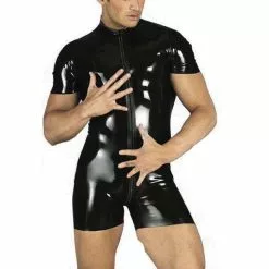 Cosplay&ware Men Sexy Faux Leather Latex Bodysuit Activewear Gay Male Elastic Catsuit Front Zipper Open Crotch Underwear Clubwear