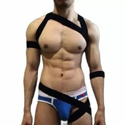 Cosplay&ware Men’s One-piece Chest Harness Beveled Leg Binding Belt With Arm Ring And Hand