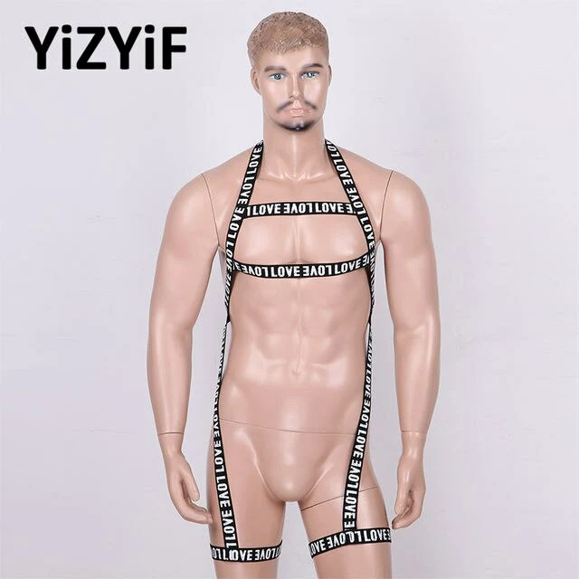 YiZYiF Mens Elastic Body Chest Harness Belt Leg Garter Straps Letters Printed Halter Neck Men Sexy Cosplay Club Costume 1 YiZYiF Mens Elastic Body Chest Harness Belt Leg Garter Straps Letters Printed Halter Neck Men Sexy Cosplay Club Costume