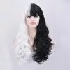 Cosplay&ware Morematch Danganronpa Monokuma Women Long Curly Wig Cosplay Costume White Black Mix Heat Resistant Synthetic Hair Party Wigs