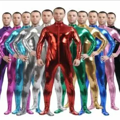 Cosplay&ware Ensnovo Men Latex Suit Black Shiny Metallic Tights Gold Zentai Full Body Unitard Custom Skin Bodysuit Zipper Front