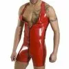 CFYH Gay Men Costume Apparel Suit Wet Look Lingerie Red Pvc Faux Leather Shorts Black Stripe Shoulder Tight Jumpsuits