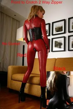 Cosplay&ware Red Sexy Women Catsuit Zipper Costume Leather Jumpsuit Party Dance
