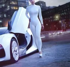 Cosplay&ware Novelty Women’s Fetish Catsuit Long Sleeve White Tight Bodysuit With Back Zip To Waist