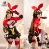 Rolecos Game Genshin Impact Amber Cosplay Costume Women Red Halloween Top Uniform Full Set