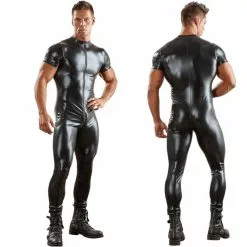 Cosplay&ware Sexy Male’s Pu Leather Catsuit For Men Tight Skin Full Bodysuit Jumpsuit Front Zipper Open Crotch Latex Zentai Suit Costume 3xl