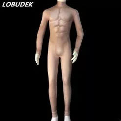 Cosplay&ware Sexy Skin Color False Muscle Printing Jumpsuit Men Elastic Nude Leotard Rompers Nightclub Dj Singer Bar Party Pole Dance Costume