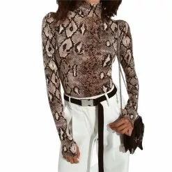 Bigsweety Snake Print Tops Hot One Piece Jumpsuit Women Sexy Bodysuit Long Sleeves High Neck Streetwear Female Clothing Bodysuits