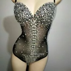Cosplay&ware Sparkly Rhinestones Sexy Perspective Bodysuit Black Skin Color Mesh Backless Jumpsuits Bar Dj Singer Costume Zentai Dance Wear