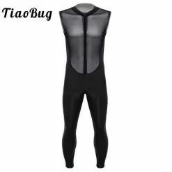 Tiaobug Adult Black Wetlook Patent Leather Sheer Mesh Splice Zipper Crotch Leotard Bodysuit Men Jumpsuit Zentai Club Costume