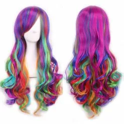 Cosplay&ware Top Wig Women Anime Cosplay Long Curly Wave Harajuku Style Rainbow Hair Party Costume Lolita