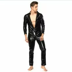 Ecoosexy Wet Look 5xl Plus Size Hot Shapers Men Long Sleeve Pu Leather Bodysuit Cosplay Jumpsuit Faux Latex Pvc Catsuit Shiny Shapwear