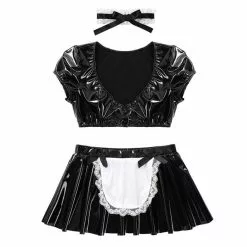 Iiniim Womens Ladies Wetlook Clubwear Cocktail Party Leather Latex French Maid Dress Cosplay Costumes Crop Top With Flared Mini Skirt -Zentai shop online Womens Ladies Wetlook Clubwear Cocktail Party Leather Latex French Maid Dress Cosplay Costumes Crop Top with 2.jpg 640x640q80 2.jpg 2