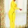 Cosplay&ware Latexanzug Rubber Gummi Unique Ganzanzug Catsui Bodysuit Yellow Maske Zipper